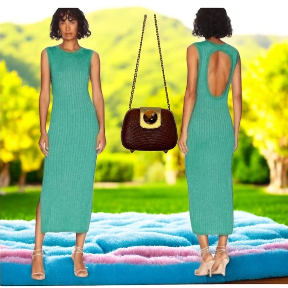 House of Harlow 1960 NWT Green Ribbed Sweater Dress Size Medium Sparkly Knit